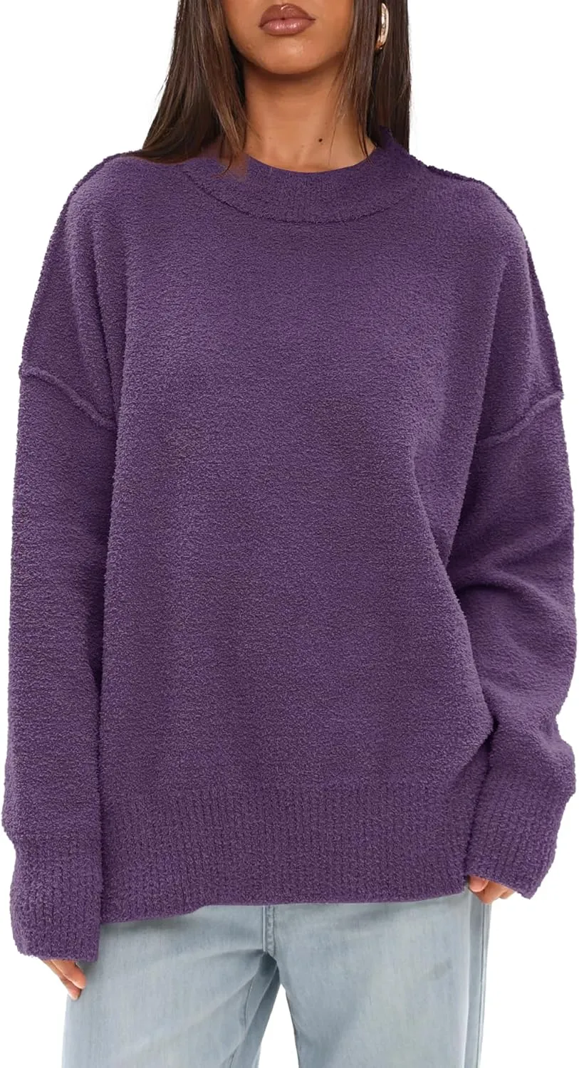 Darong Women Oversized Fuzzy Knit Sweater Long Sleeve Crew Neck Side Slit Pullover Sweaters Fall Winter Tops