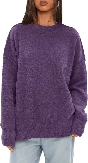 Darong Women Oversized Fuzzy Knit Sweater Long Sleeve Crew Neck Side Slit Pullover Sweaters Fall Winter Tops