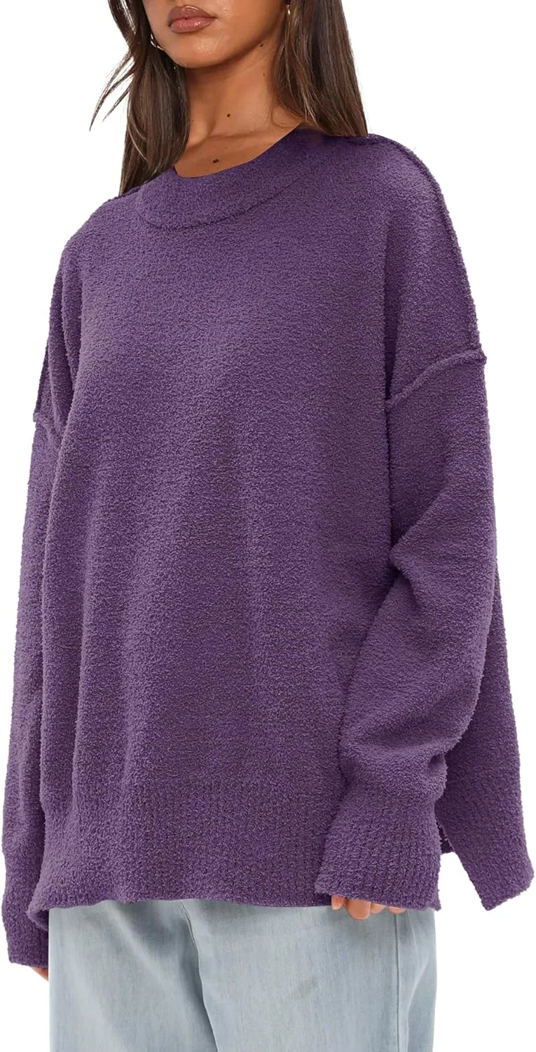 Darong Women Oversized Fuzzy Knit Sweater Long Sleeve Crew Neck Side Slit Pullover Sweaters Fall Winter Tops