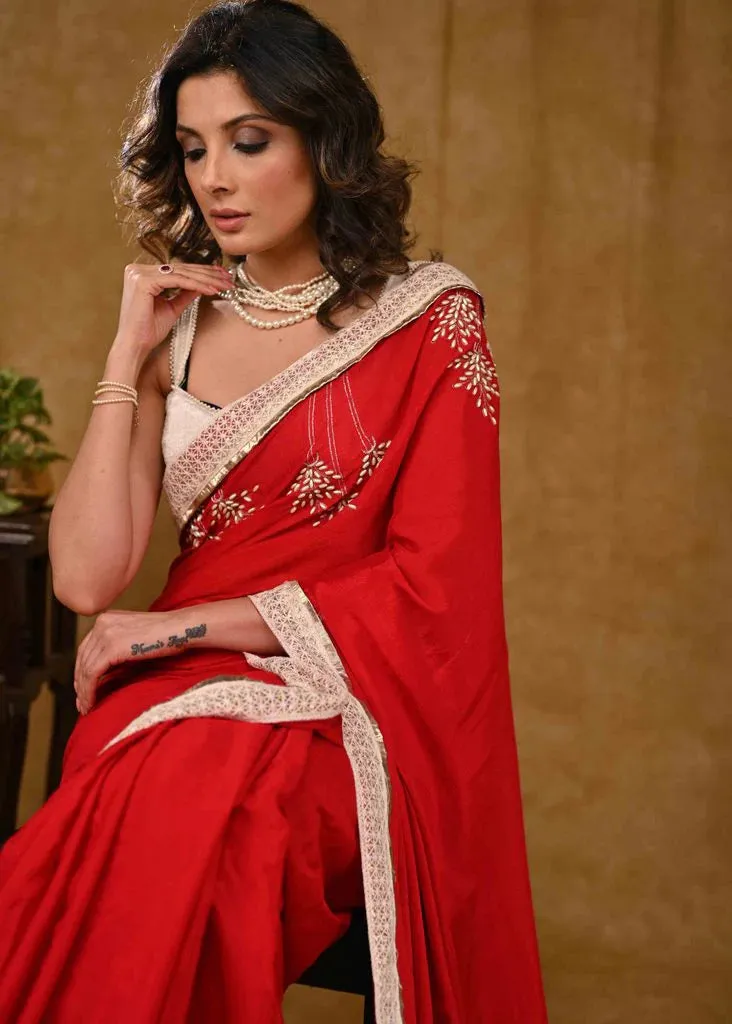 Designer Red Chiffon Saree With Intricate Moti Work And White Border