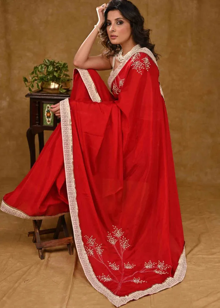 Designer Red Chiffon Saree With Intricate Moti Work And White Border