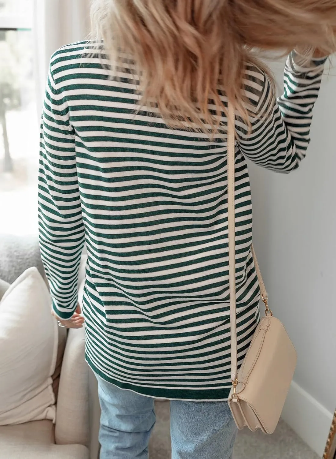 Dokotoo Cardigan Sweaters for Women Striped Fall Outfit Open Front Button Down Womens Cardigan with Pockets