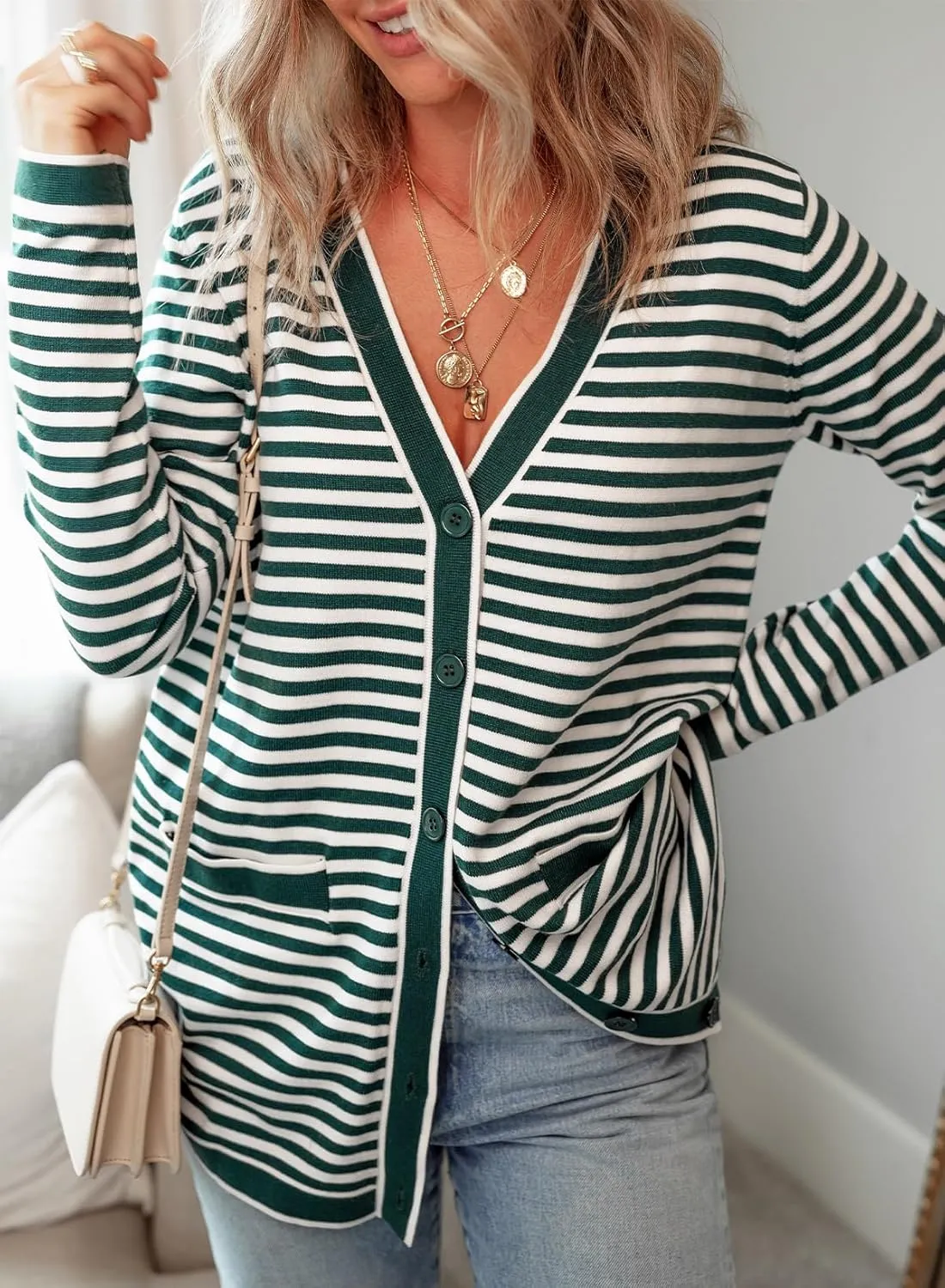 Dokotoo Cardigan Sweaters for Women Striped Fall Outfit Open Front Button Down Womens Cardigan with Pockets