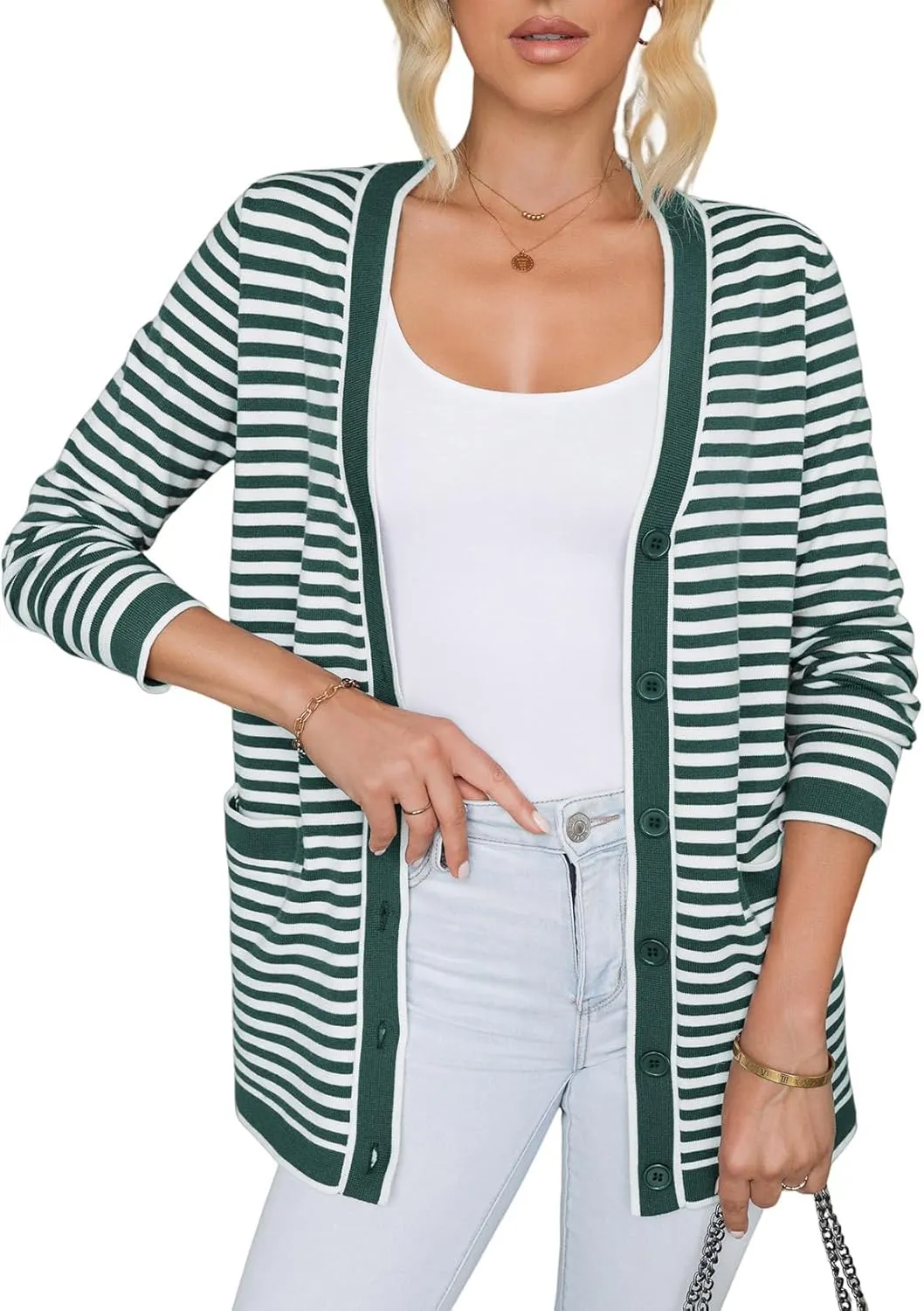 Dokotoo Cardigan Sweaters for Women Striped Fall Outfit Open Front Button Down Womens Cardigan with Pockets