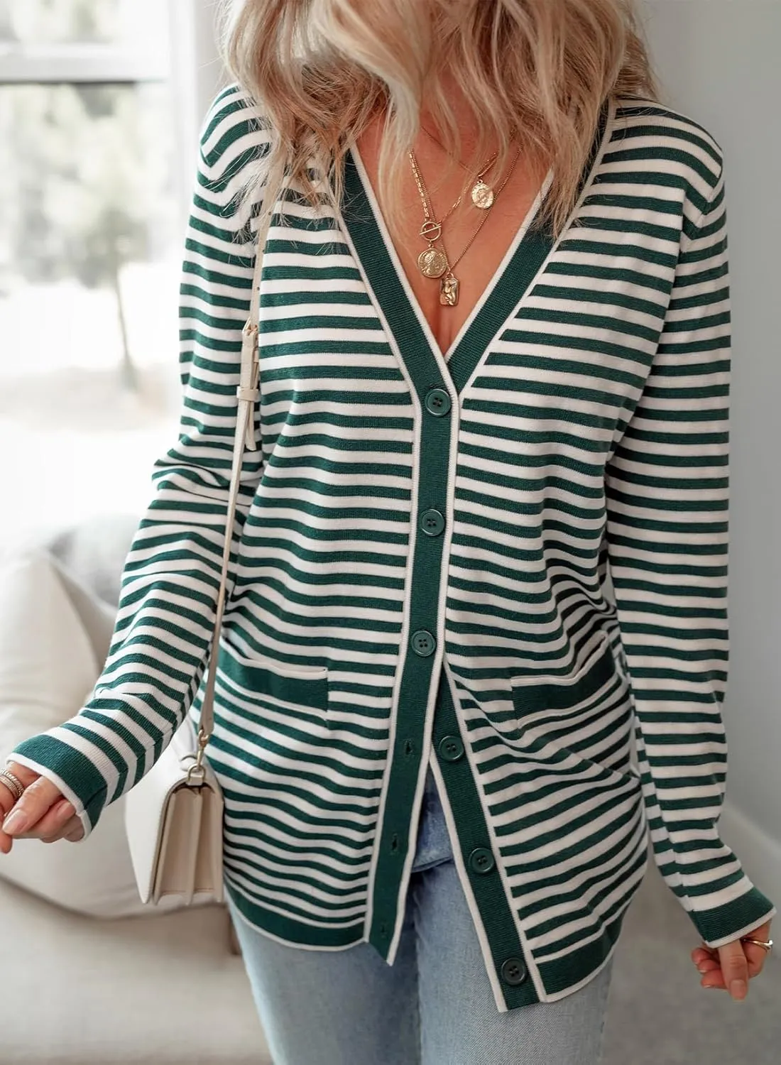 Dokotoo Cardigan Sweaters for Women Striped Fall Outfit Open Front Button Down Womens Cardigan with Pockets