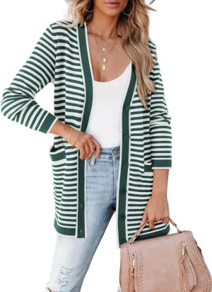 Dokotoo Cardigan Sweaters for Women Striped Fall Outfit Open Front Button Down Womens Cardigan with Pockets