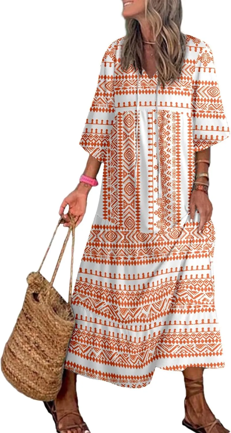 Dokotoo Women Boho Maxi Dresses 2025 V Neck Long Puff Sleeve Smocked Ruffle Flowy Casual Dress
