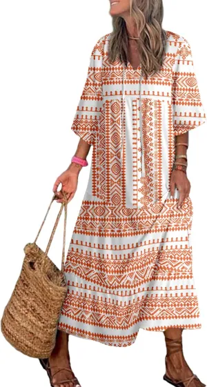 Dokotoo Women Boho Maxi Dresses 2025 V Neck Long Puff Sleeve Smocked Ruffle Flowy Casual Dress