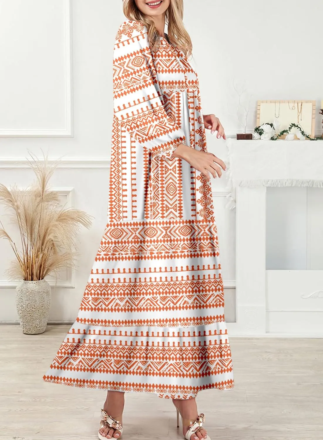 Dokotoo Women Boho Maxi Dresses 2025 V Neck Long Puff Sleeve Smocked Ruffle Flowy Casual Dress