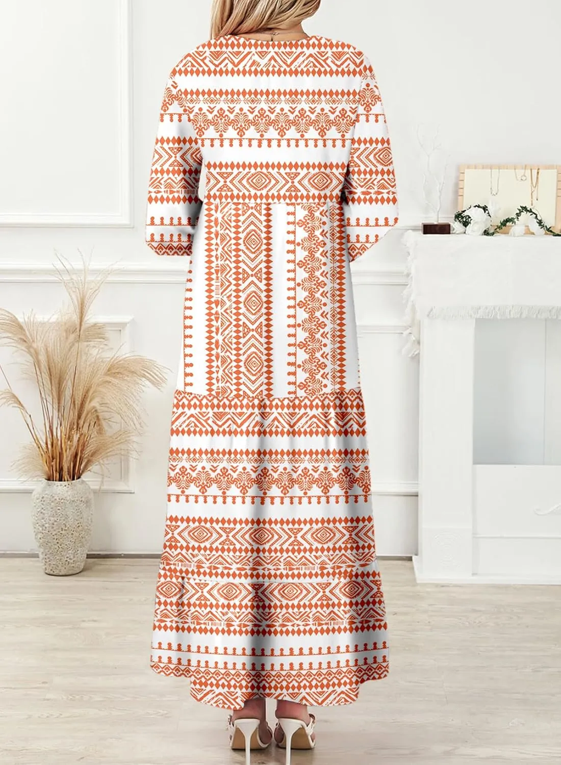 Dokotoo Women Boho Maxi Dresses 2025 V Neck Long Puff Sleeve Smocked Ruffle Flowy Casual Dress