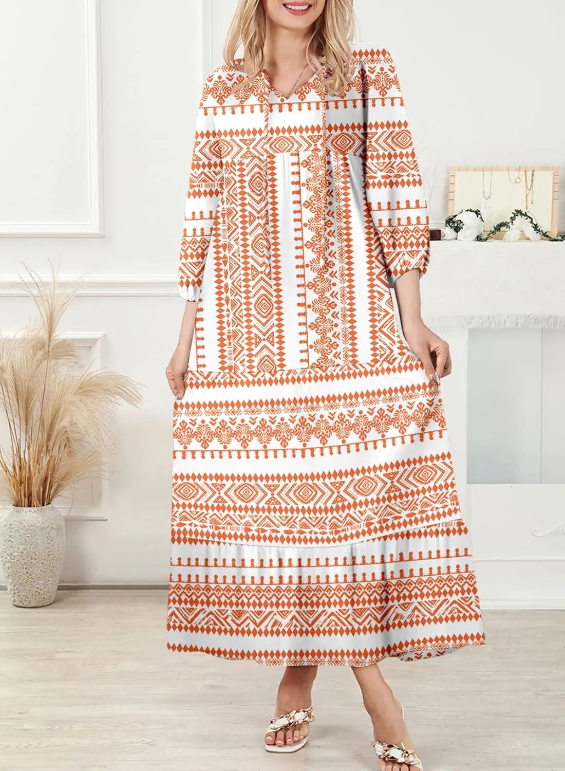 Dokotoo Women Boho Maxi Dresses 2025 V Neck Long Puff Sleeve Smocked Ruffle Flowy Casual Dress