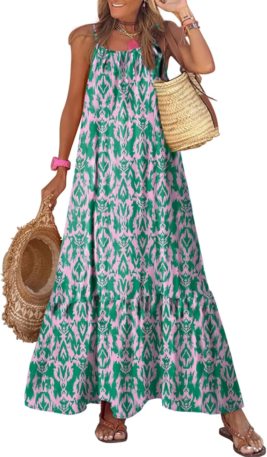 Dokotoo Women Summer Dresses 2025 Spaghetti Strap Scoop Neck Smocked Ruffle Flowy Boho Maxi Dress