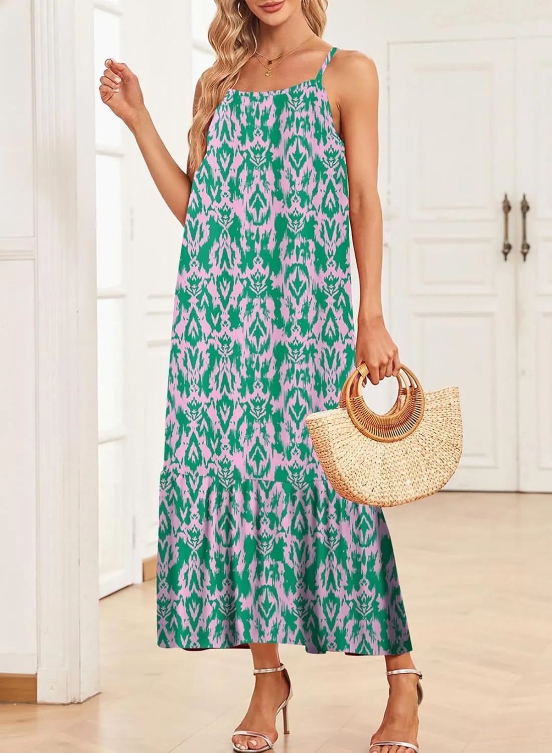 Dokotoo Women Summer Dresses 2025 Spaghetti Strap Scoop Neck Smocked Ruffle Flowy Boho Maxi Dress