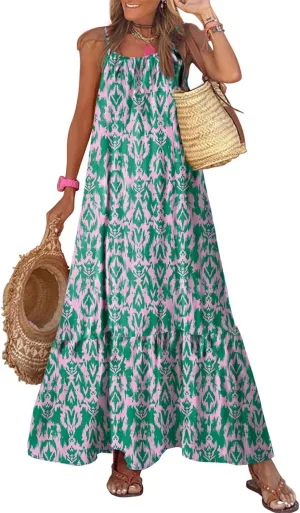 Dokotoo Women Summer Dresses 2025 Spaghetti Strap Scoop Neck Smocked Ruffle Flowy Boho Maxi Dress