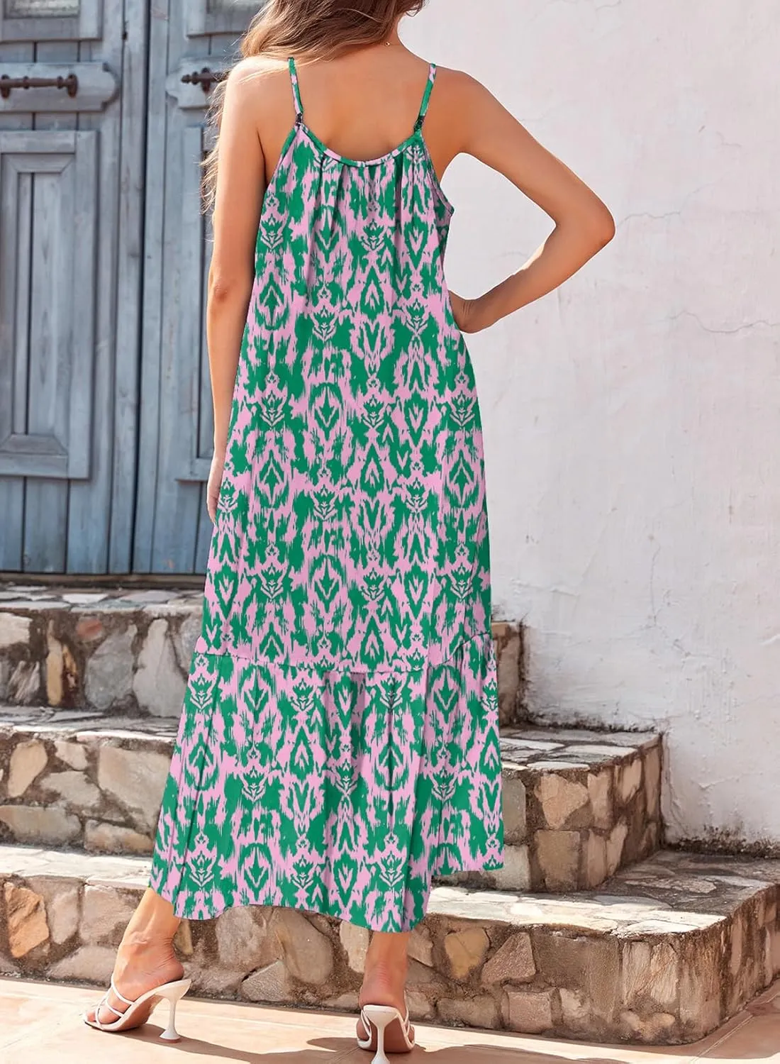 Dokotoo Women Summer Dresses 2025 Spaghetti Strap Scoop Neck Smocked Ruffle Flowy Boho Maxi Dress