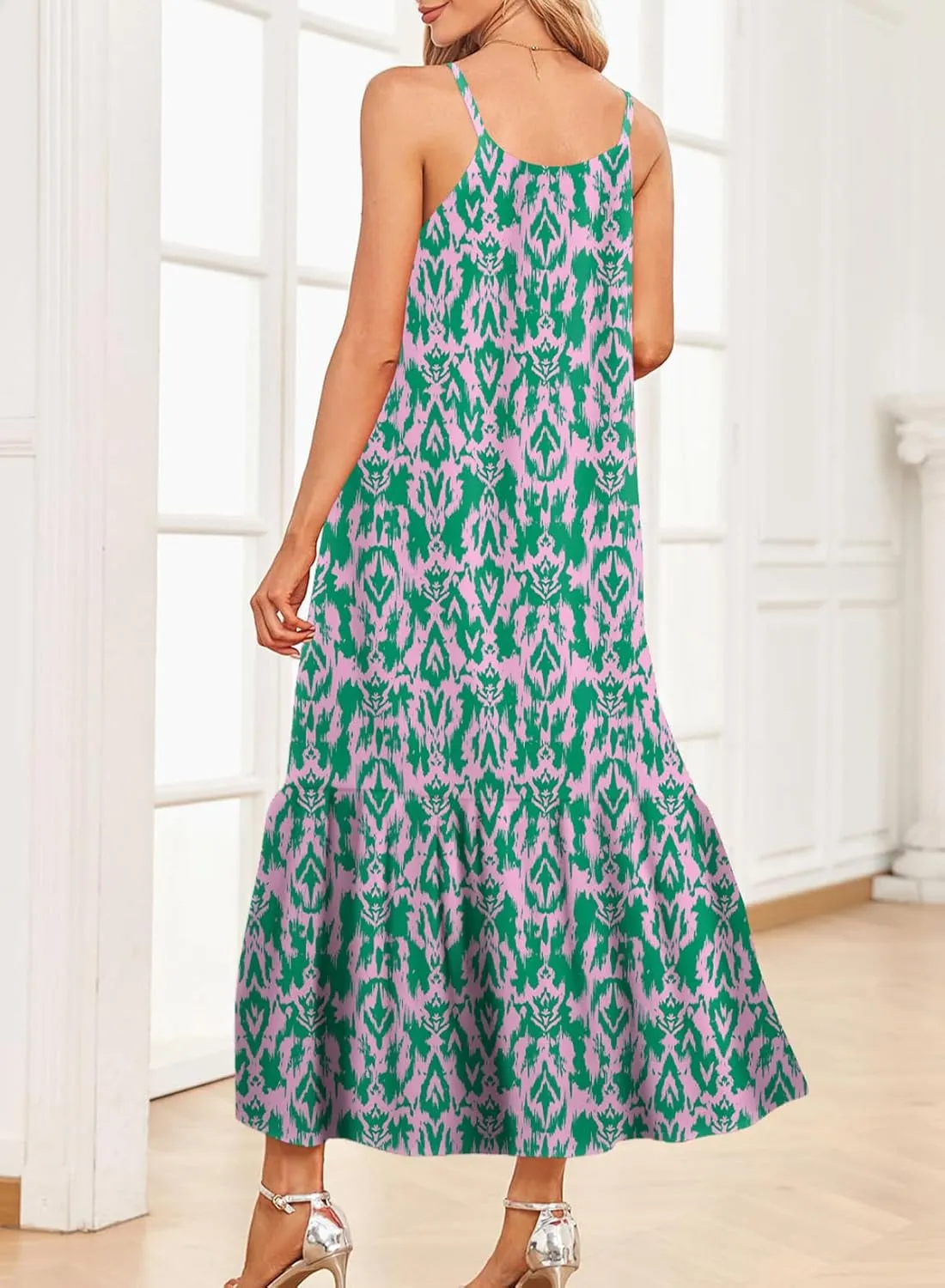 Dokotoo Women Summer Dresses 2025 Spaghetti Strap Scoop Neck Smocked Ruffle Flowy Boho Maxi Dress
