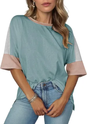 Dokotoo Womens Tops Oversized Trendy Shirts 2025 Summer Color Block Crewneck Business Casual Womens Blouses S-2XL