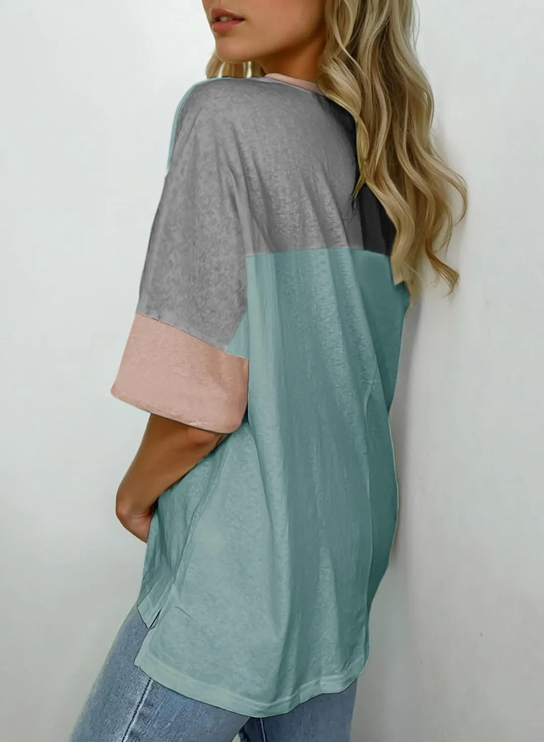 Dokotoo Womens Tops Oversized Trendy Shirts 2025 Summer Color Block Crewneck Business Casual Womens Blouses S-2XL