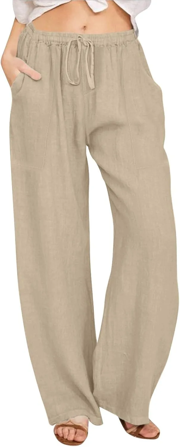Drawstring Linen Pants Women Summer Outfits 2025 Vacation Pants with Pockets High Waist Flowy Beach Easter Casual Sweatpants
