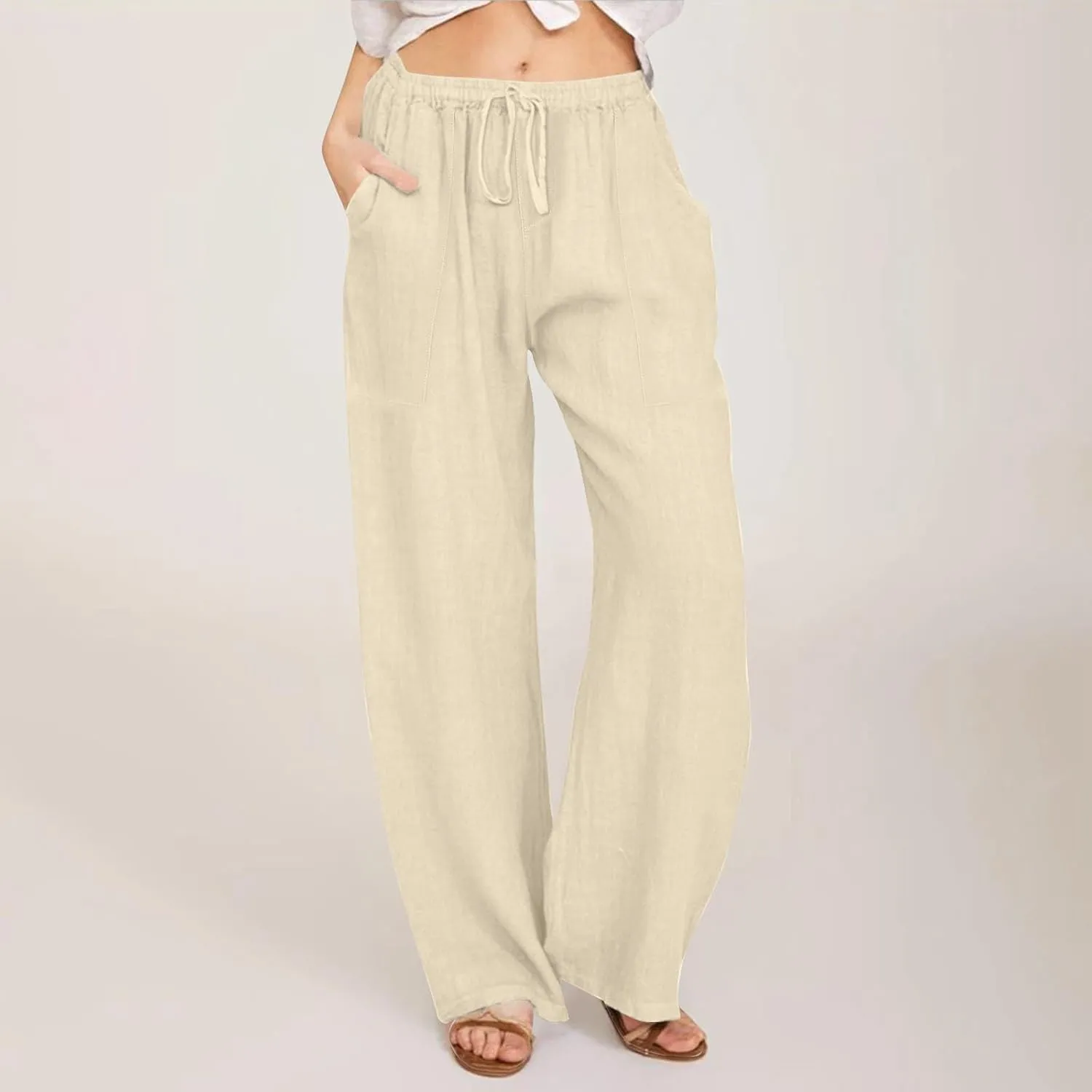 Drawstring Linen Pants Women Summer Outfits 2025 Vacation Pants with Pockets High Waist Flowy Beach Easter Casual Sweatpants
