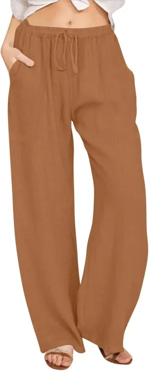 Drawstring Linen Pants Women Summer Outfits 2025 Vacation Pants with Pockets High Waist Flowy Beach Easter Casual Sweatpants