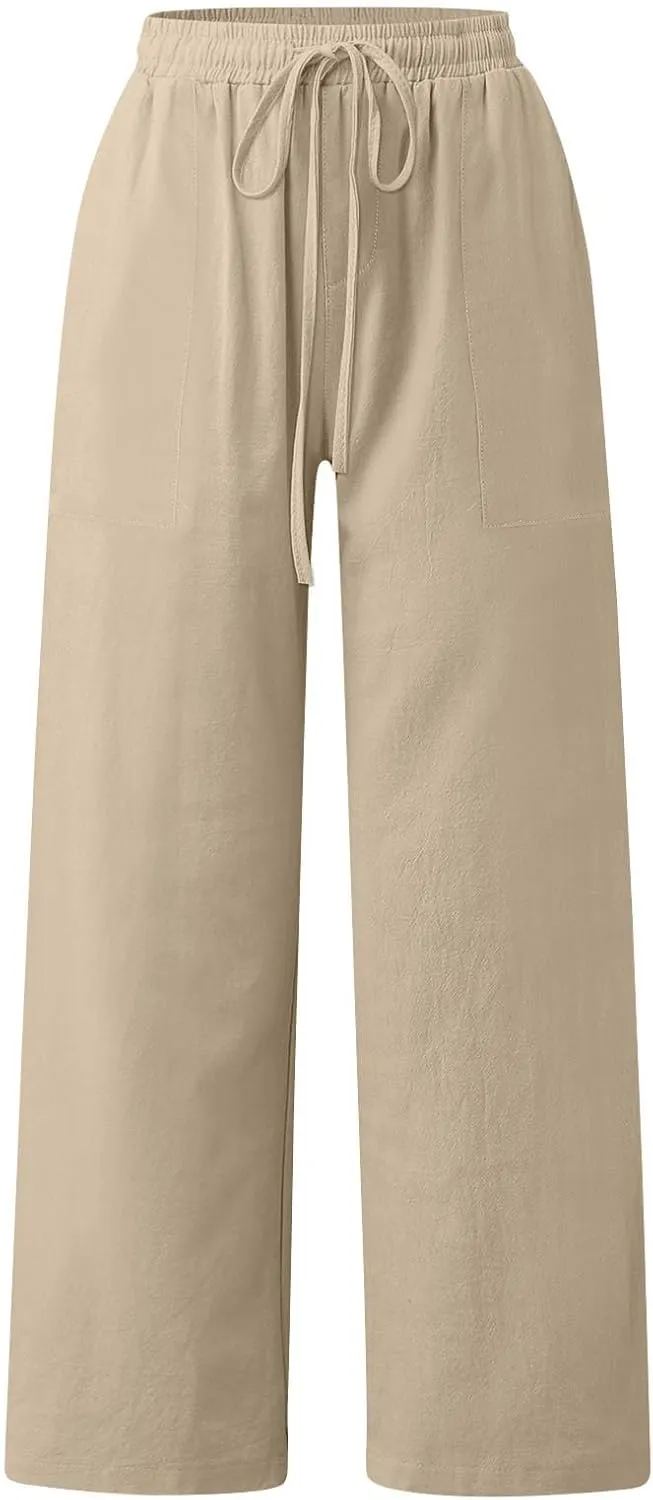 Drawstring Linen Pants Women Summer Outfits 2025 Vacation Pants with Pockets High Waist Flowy Beach Easter Casual Sweatpants
