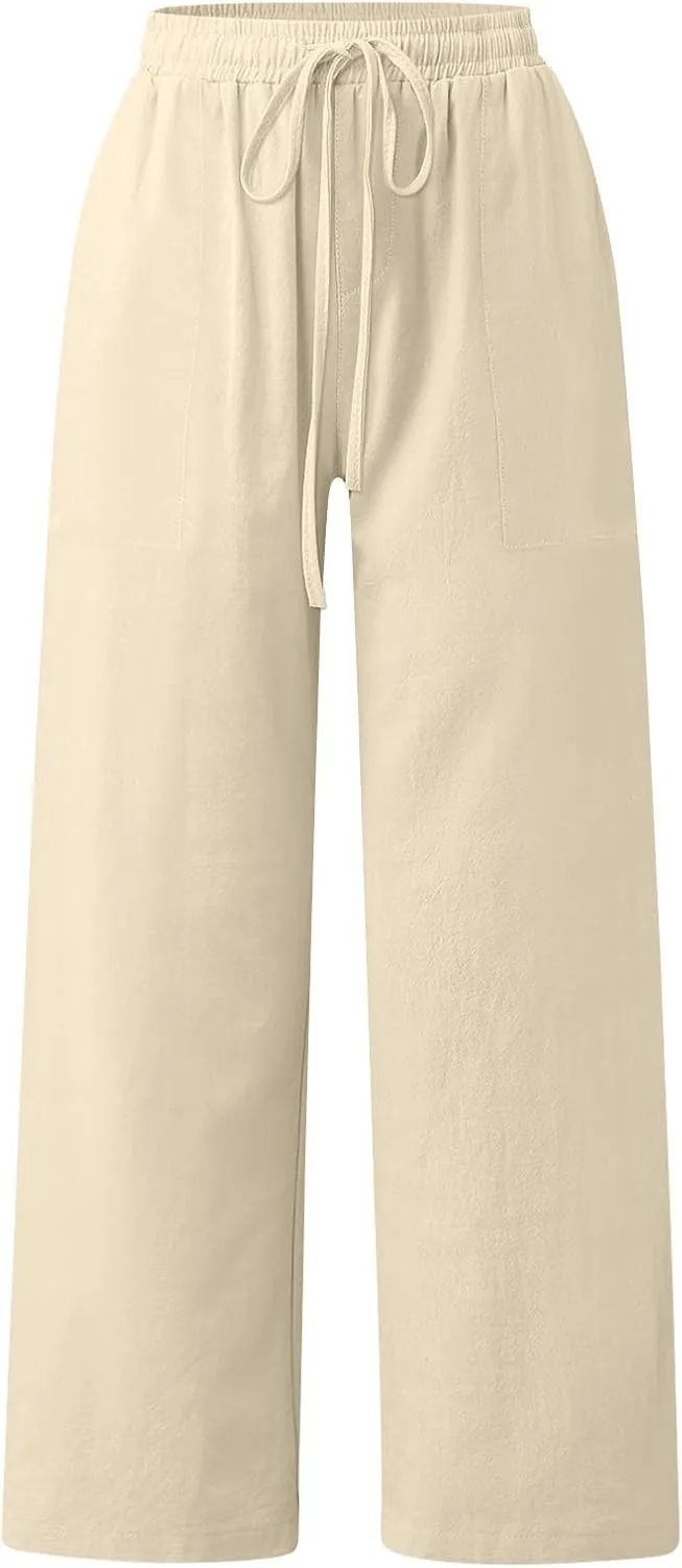 Drawstring Linen Pants Women Summer Outfits 2025 Vacation Pants with Pockets High Waist Flowy Beach Easter Casual Sweatpants