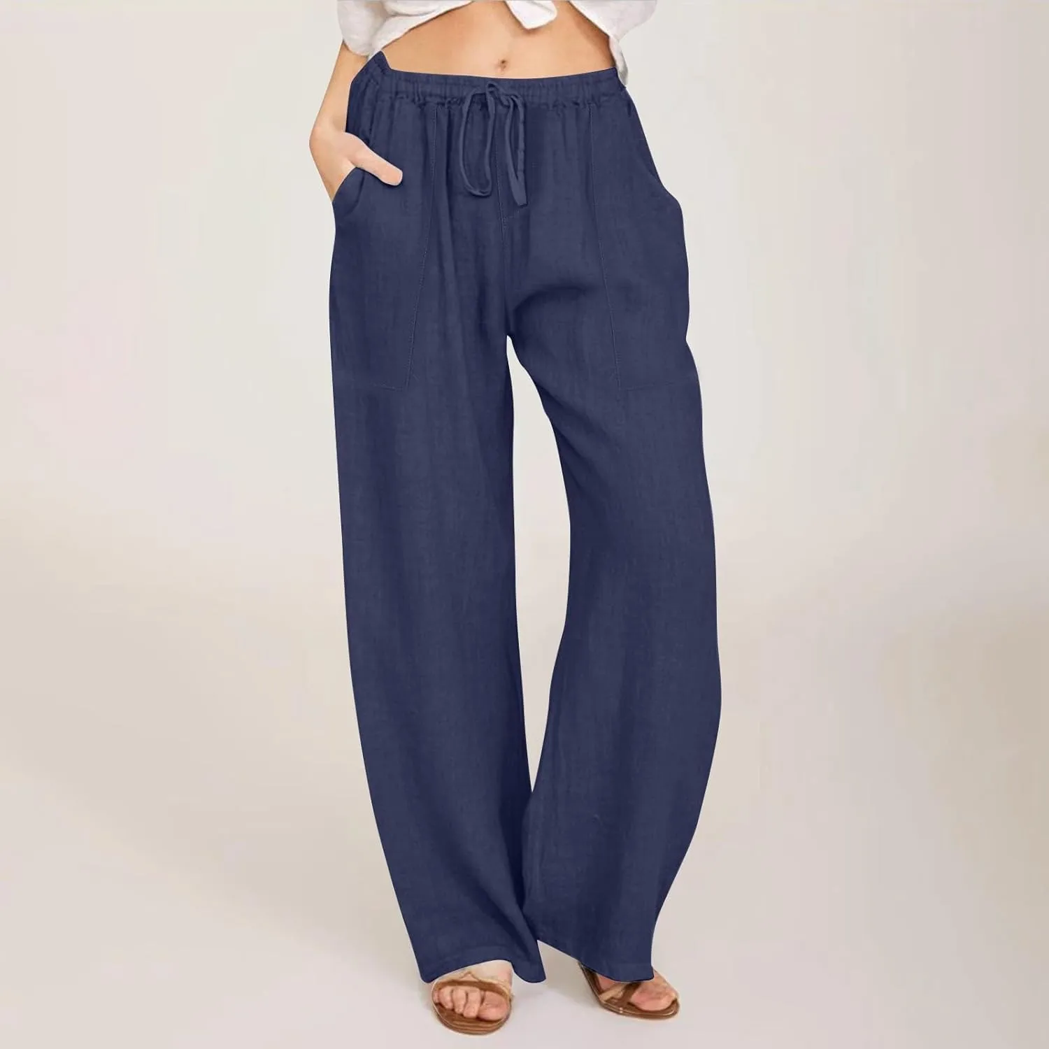 Drawstring Linen Pants Women Summer Outfits 2025 Vacation Pants with Pockets High Waist Flowy Beach Easter Casual Sweatpants
