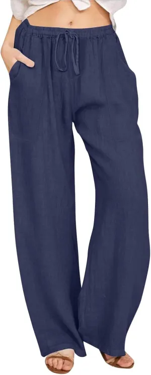 Drawstring Linen Pants Women Summer Outfits 2025 Vacation Pants with Pockets High Waist Flowy Beach Easter Casual Sweatpants