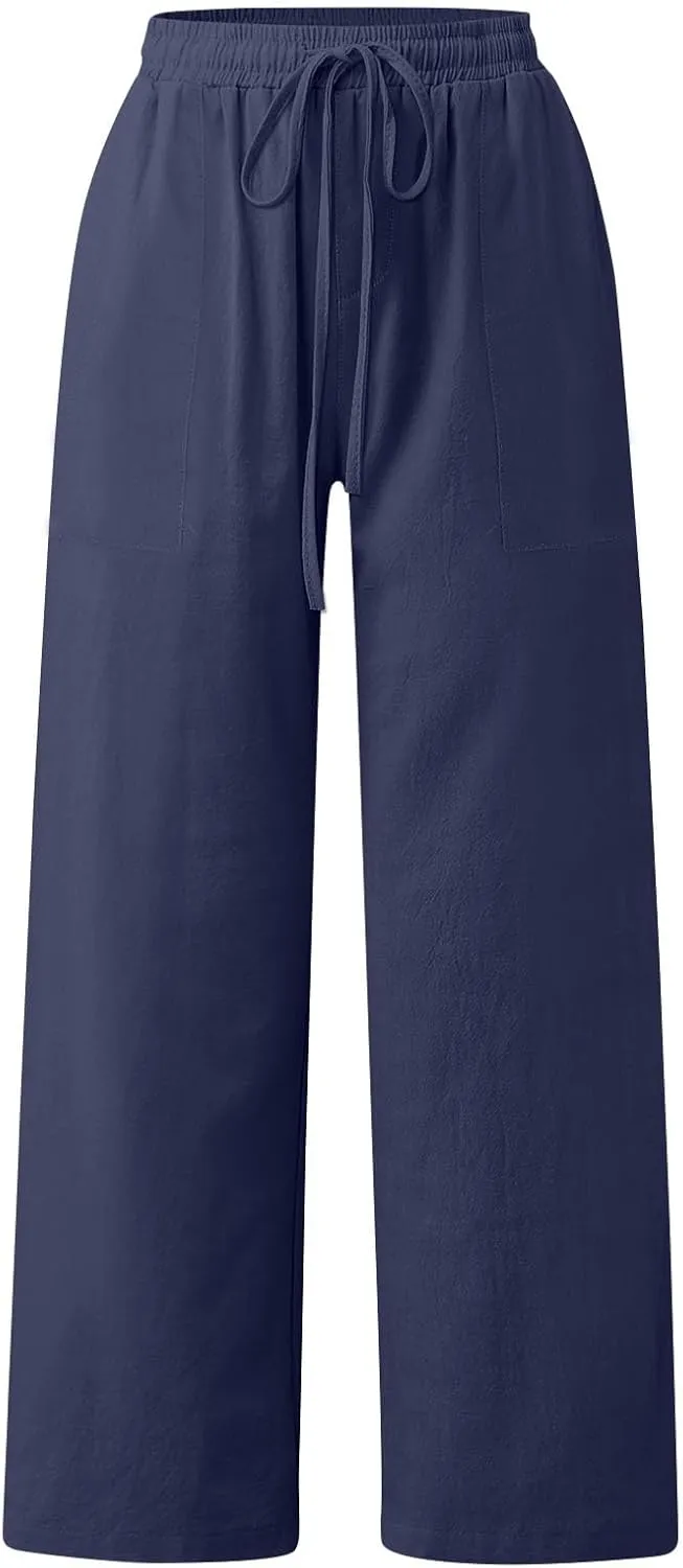 Drawstring Linen Pants Women Summer Outfits 2025 Vacation Pants with Pockets High Waist Flowy Beach Easter Casual Sweatpants