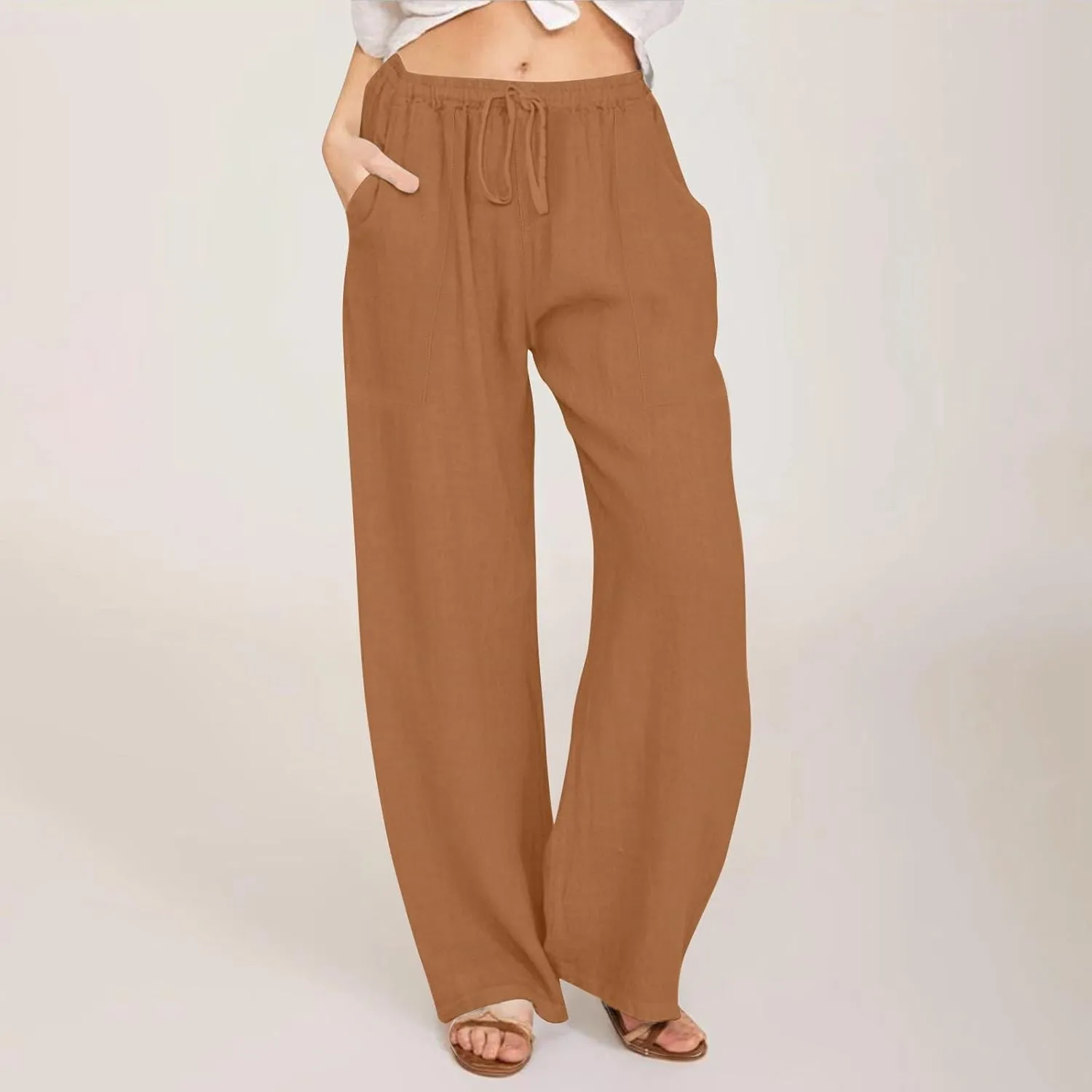 Drawstring Linen Pants Women Summer Outfits 2025 Vacation Pants with Pockets High Waist Flowy Beach Easter Casual Sweatpants