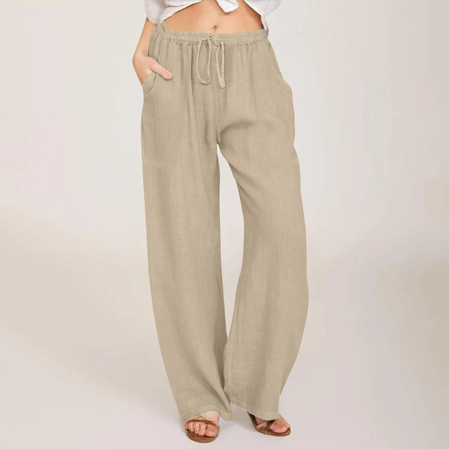 Drawstring Linen Pants Women Summer Outfits 2025 Vacation Pants with Pockets High Waist Flowy Beach Easter Casual Sweatpants