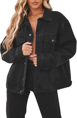 DvaeMalligo Women's Oversized Denim Jacket Casual Long Sleeve Button Down Distressed Trucker Jean Jackets with Pockets