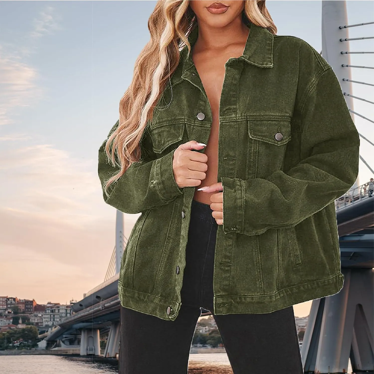 DvaeMalligo Women's Oversized Denim Jacket Casual Long Sleeve Button Down Distressed Trucker Jean Jackets with Pockets