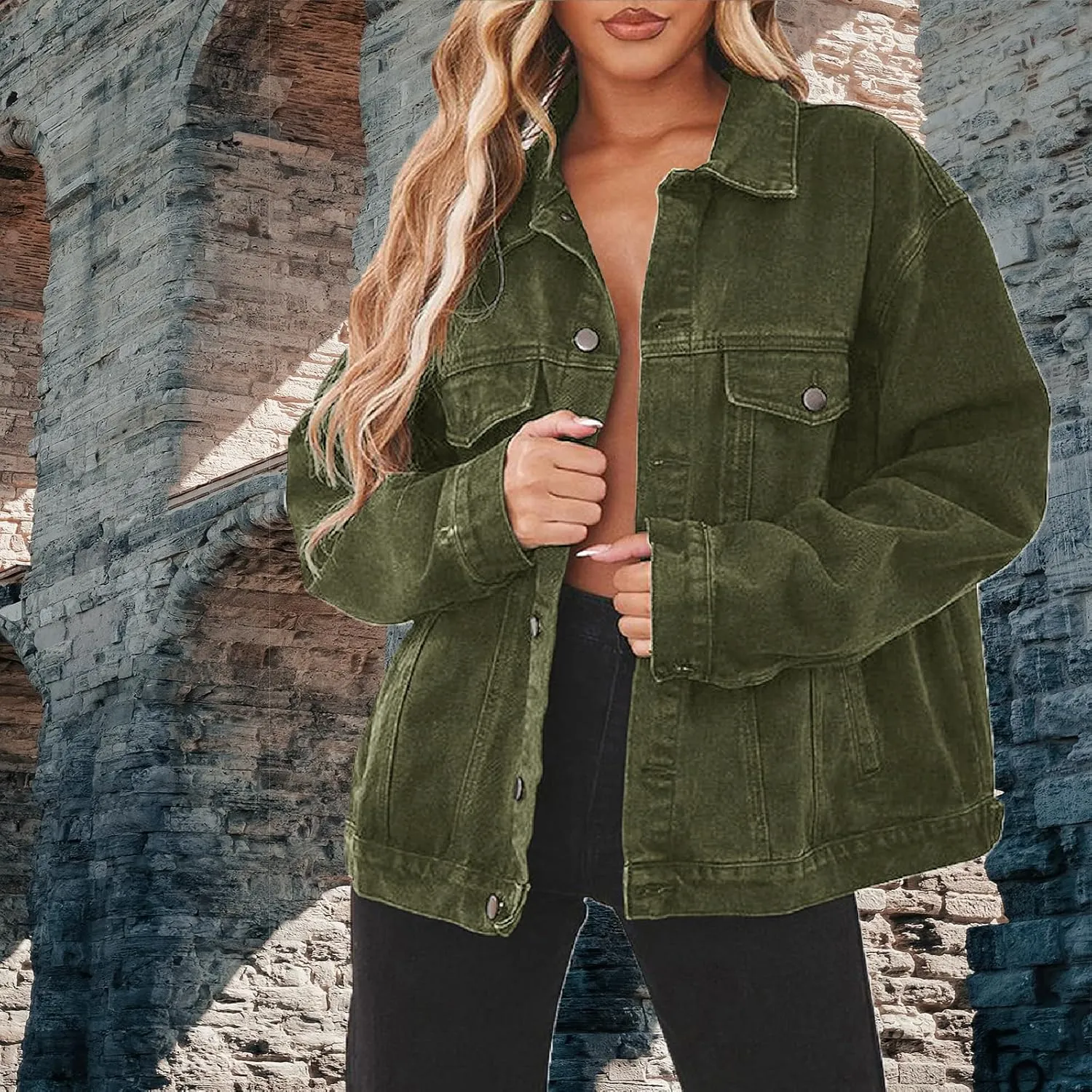 DvaeMalligo Women's Oversized Denim Jacket Casual Long Sleeve Button Down Distressed Trucker Jean Jackets with Pockets