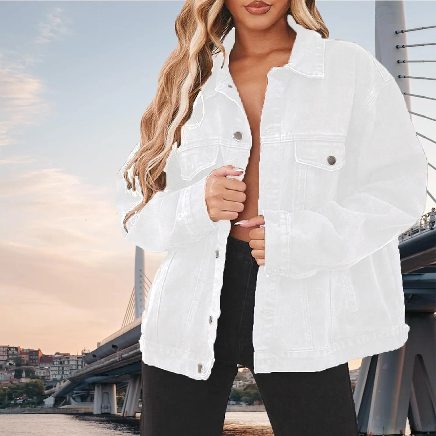 DvaeMalligo Women's Oversized Denim Jacket Casual Long Sleeve Button Down Distressed Trucker Jean Jackets with Pockets