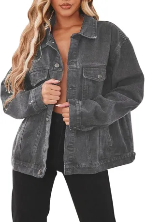DvaeMalligo Women's Oversized Denim Jacket Casual Long Sleeve Button Down Distressed Trucker Jean Jackets with Pockets