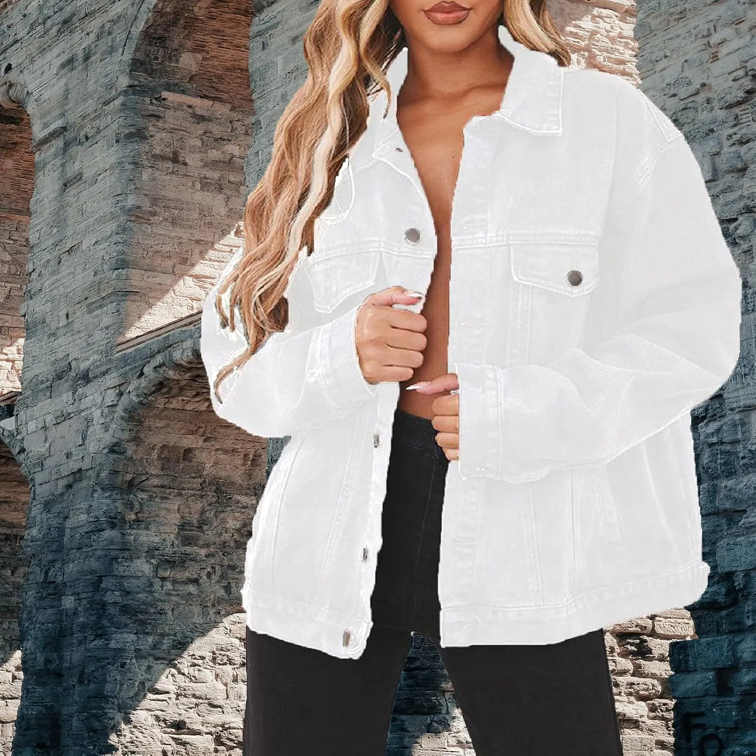 DvaeMalligo Women's Oversized Denim Jacket Casual Long Sleeve Button Down Distressed Trucker Jean Jackets with Pockets