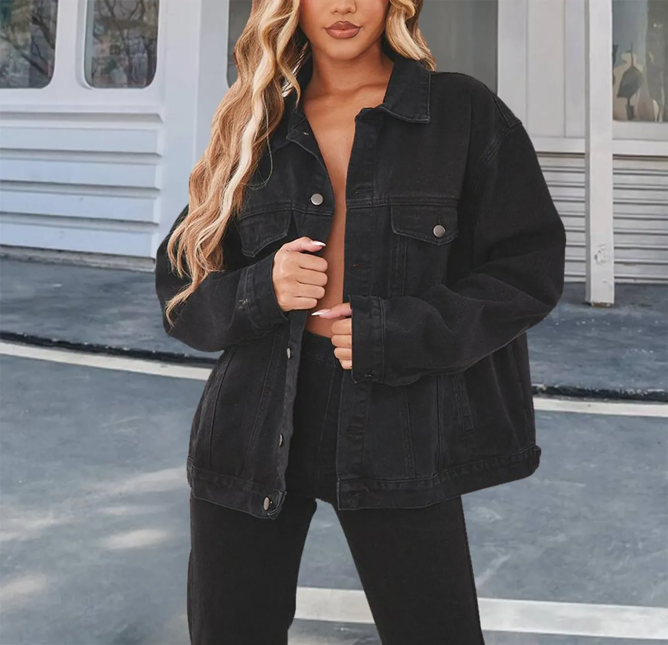 DvaeMalligo Women's Oversized Denim Jacket Casual Long Sleeve Button Down Distressed Trucker Jean Jackets with Pockets
