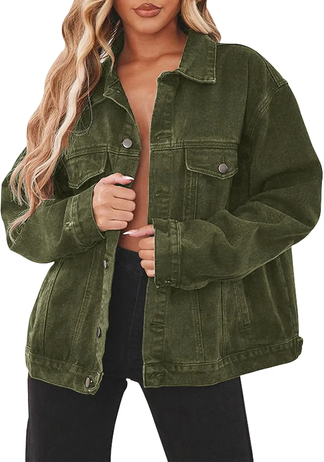 DvaeMalligo Women's Oversized Denim Jacket Casual Long Sleeve Button Down Distressed Trucker Jean Jackets with Pockets