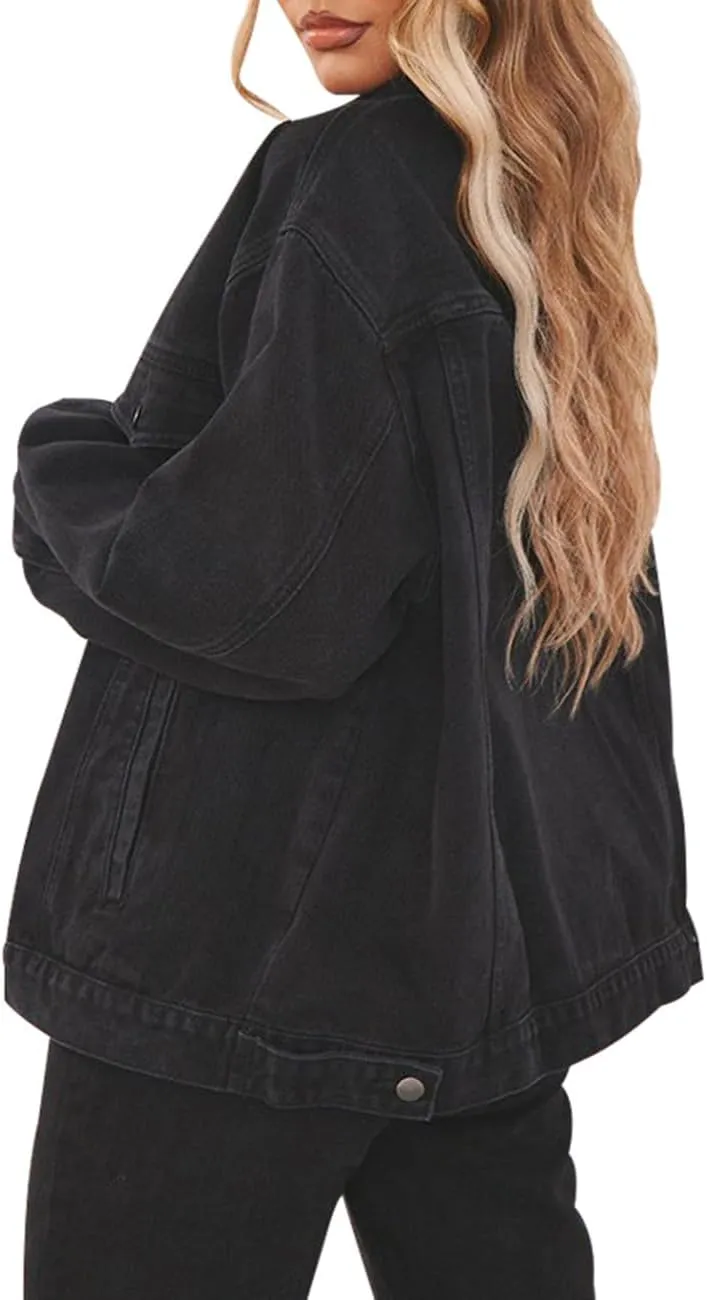 DvaeMalligo Women's Oversized Denim Jacket Casual Long Sleeve Button Down Distressed Trucker Jean Jackets with Pockets