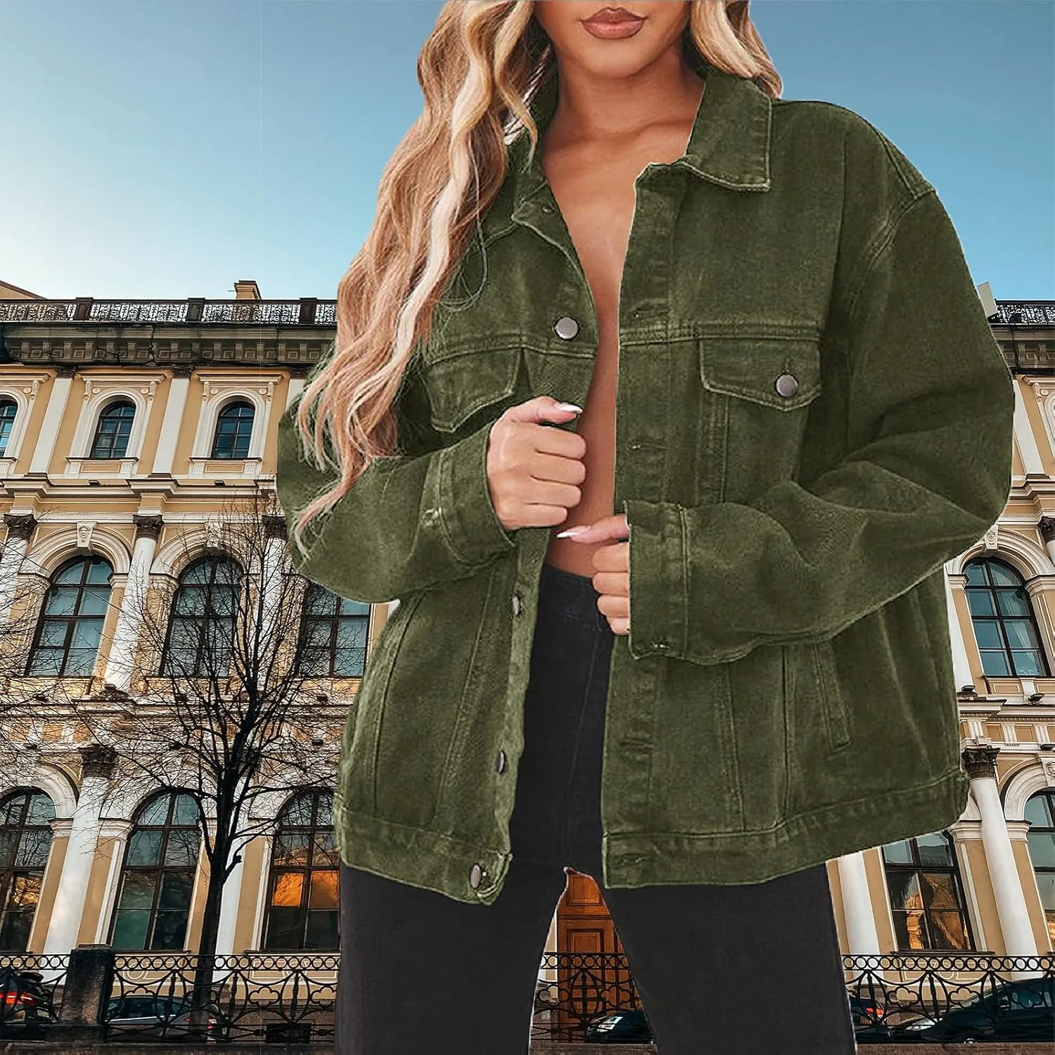 DvaeMalligo Women's Oversized Denim Jacket Casual Long Sleeve Button Down Distressed Trucker Jean Jackets with Pockets