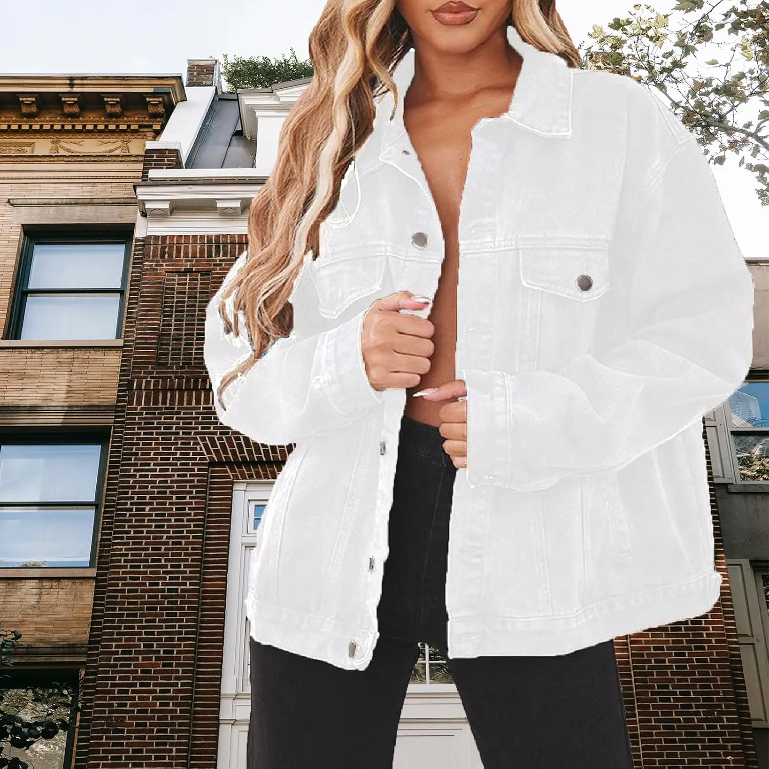 DvaeMalligo Women's Oversized Denim Jacket Casual Long Sleeve Button Down Distressed Trucker Jean Jackets with Pockets