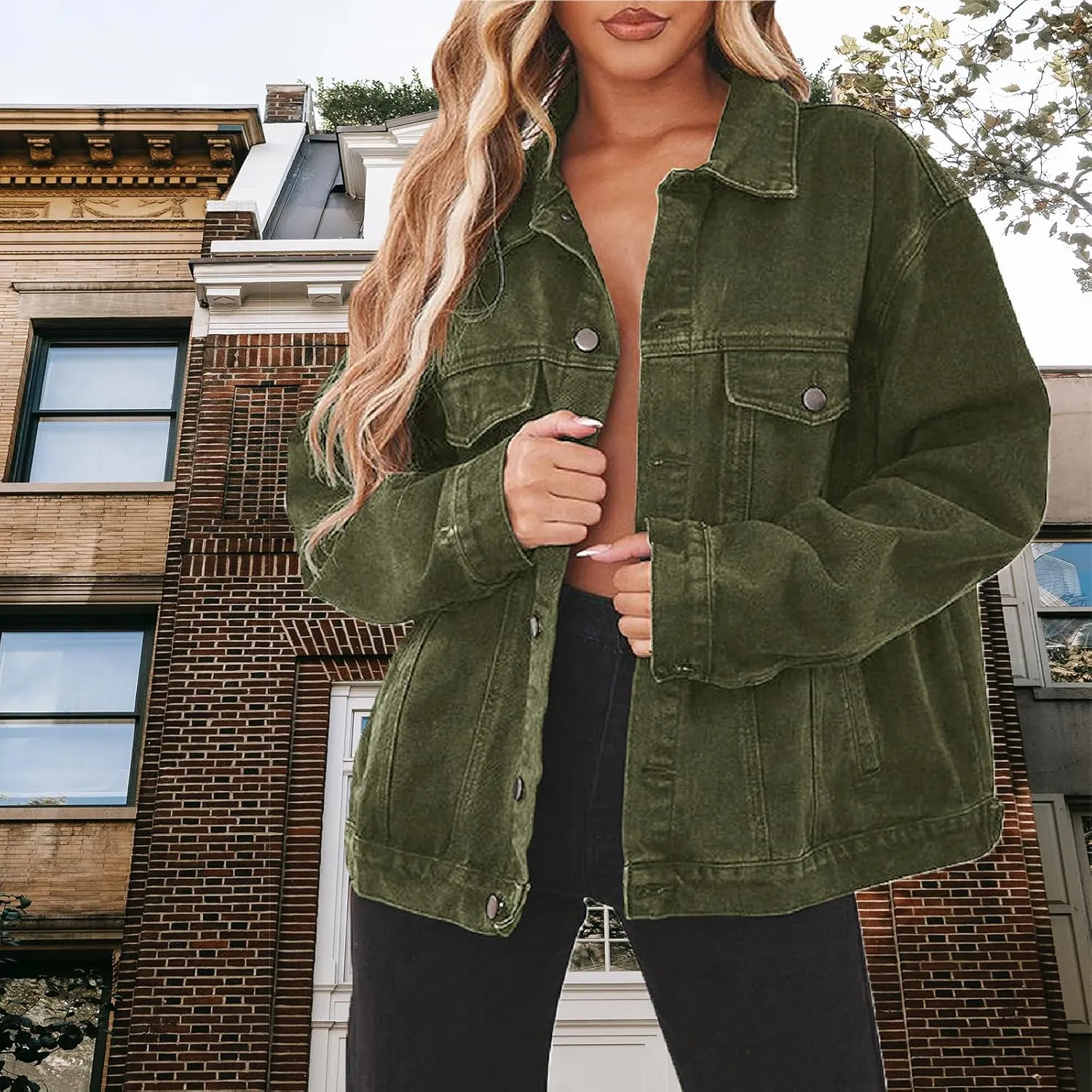 DvaeMalligo Women's Oversized Denim Jacket Casual Long Sleeve Button Down Distressed Trucker Jean Jackets with Pockets