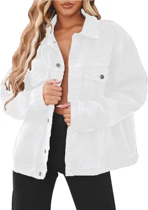 DvaeMalligo Women's Oversized Denim Jacket Casual Long Sleeve Button Down Distressed Trucker Jean Jackets with Pockets