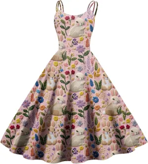 Easter Dresses for Women Vintage Spaghetti Strap Punk Aline Swing Dress Bunny Printed Knee Length Tea Party Dress