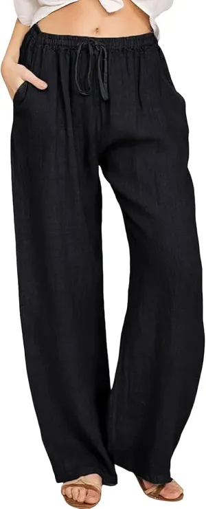 ebossy Women's Cotton Linen Pants Elastic High Waist Drawstring Wide Leg Lounge Palazzo Yoga Trousers