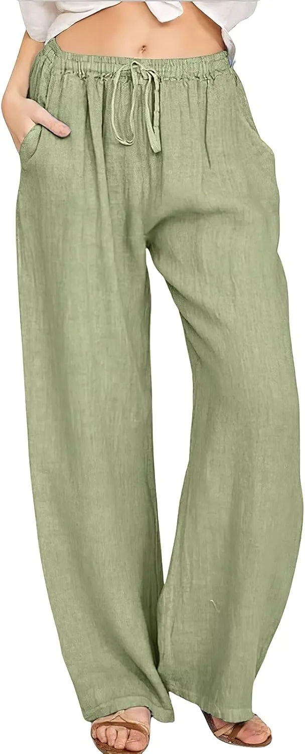 ebossy Women's Cotton Linen Pants Elastic High Waist Drawstring Wide Leg Lounge Palazzo Yoga Trousers