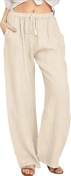 ebossy Women's Cotton Linen Pants Elastic High Waist Drawstring Wide Leg Lounge Palazzo Yoga Trousers