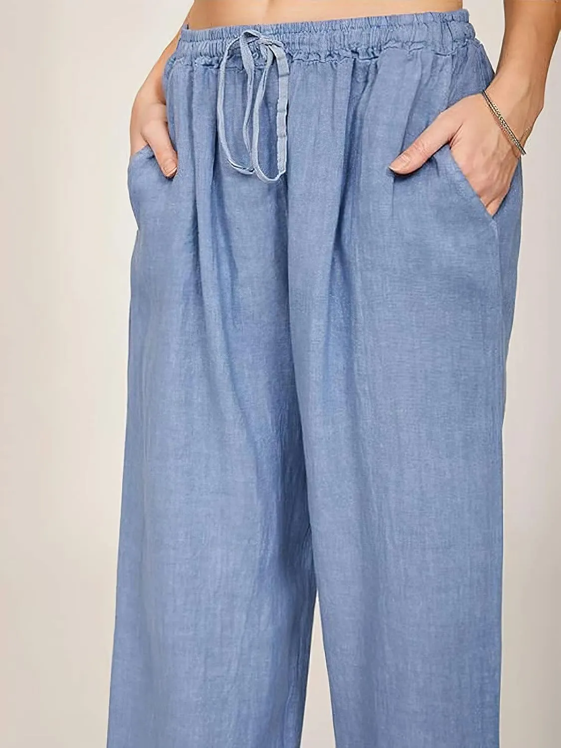 ebossy Women's Cotton Linen Pants Elastic High Waist Drawstring Wide Leg Lounge Palazzo Yoga Trousers